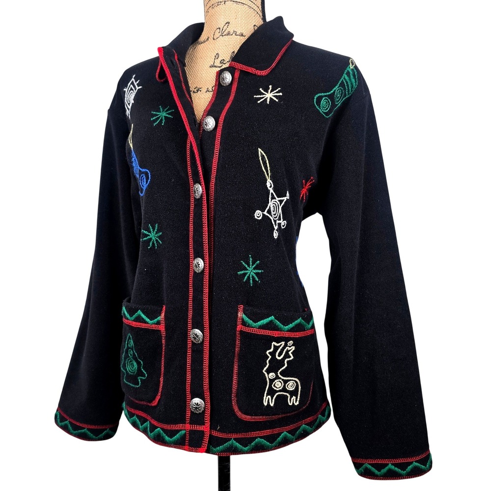 Talbots Black Holiday Fleece Jacket Embroidered Christmas Reindeer Stocking L